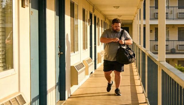 Man walking motel corridor adjusting duffel strap during warm golden-hour light