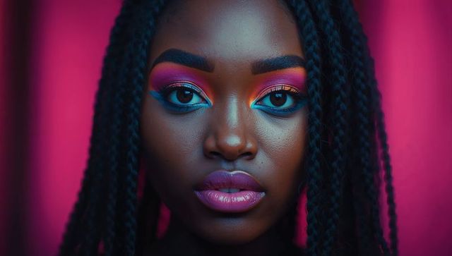 Vibrant eye makeup on woman with braids in pink studio