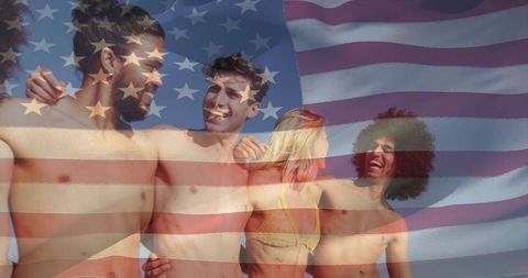Friends linking arms on sunny beach with american flag overlay for patriotic summer ads