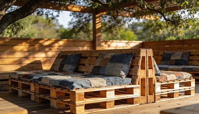 Rustic pallet bench lounge under slatted pergola with patchwork denim cushions
