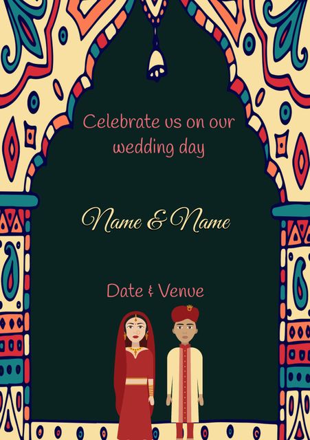 Indian Wedding Invitation with Traditional Pattern and Cute Couple Illustration - Download Free Stock Templates Pikwizard.com