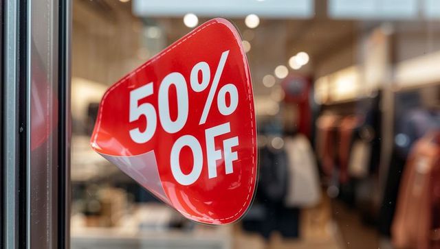 Curved red 50% off sticker on storefront glass for retail sale and window display