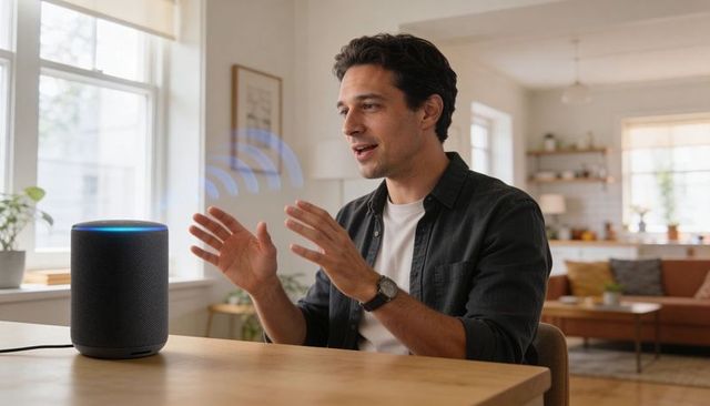 Young man talking to smart speaker at home using voice assistant in modern living room