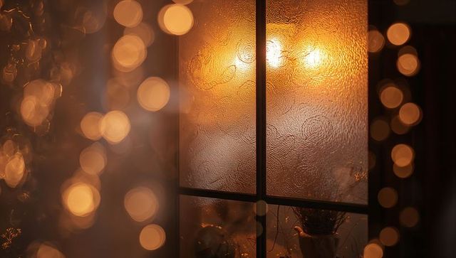 Glowing frosted glass filtering warm bulb light with metal grid and plant shadow