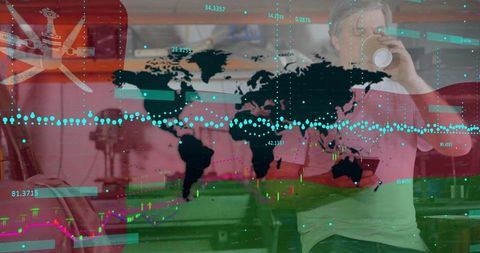 Businessman Analyzing Data Over Oman Flag with Coffee in Modern Kitchen