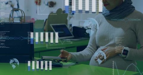 Expectant woman tapping smartphone at checkout with smartwatch and retail analytics