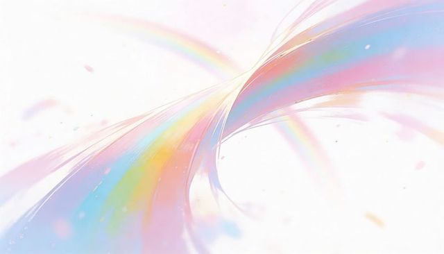 Pastel rainbow ribbon looping across white space, ethereal gradient wave, minimal airy