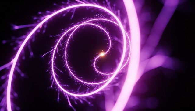 Magenta spiral vortex rotating inward emitting spark trails with orange core, neon energy