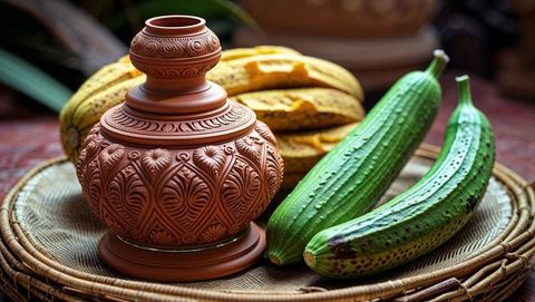 Handcrafted terracotta pot with gourds on rustic table, vishu festival