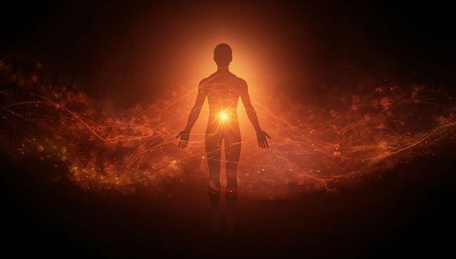 Silhouetted figure glowing with inner core energy and flowing cosmic network in amber light