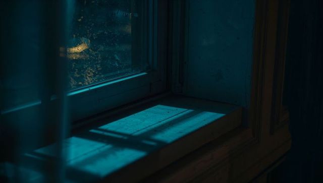 Teal-Blue Moonlight Casting Shadow Bands on Weathered Wooden Window Sill in Moody Interior