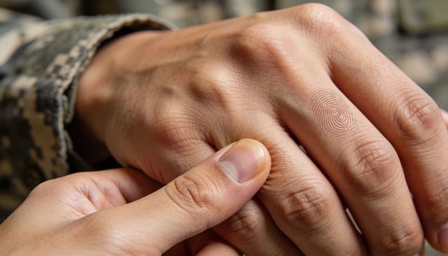 Closeup of military hand pressed showing fingerprint ridge and skin texture