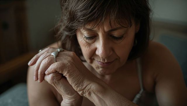 Midlife woman clasping hands and bowing head, contemplative intimate portrait in warm light