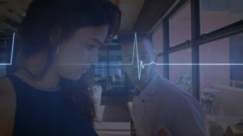 Colleagues Discussing with Heartbeat Overlay in Modern Office