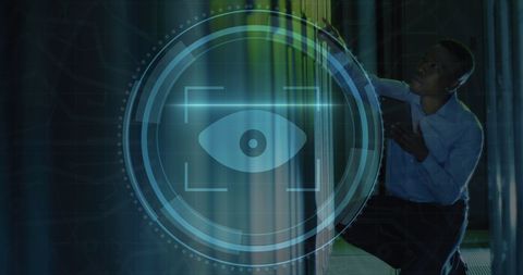 Engineer Interacting with Virtual Retina Scanner in Data Center - Download Free Stock Images Pikwizard.com