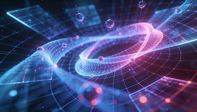 Twisting glowing holographic ribbon mesh over neon wireframe grid for ai dataflow visuals