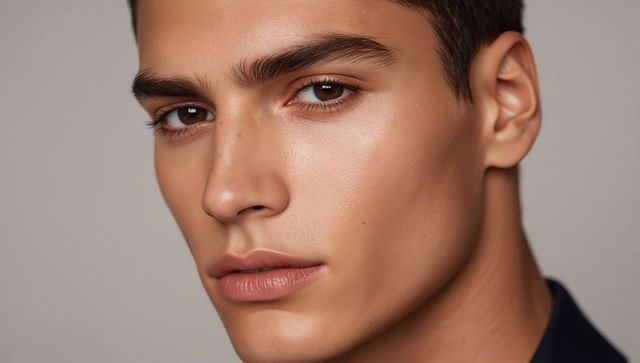 Male model posing with neutral expression closeup headshot featuring flawless skin and catchlights