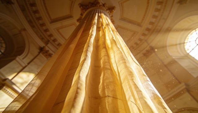 Glowing translucent golden curtain draping around central column under sunbeams in ornate dome