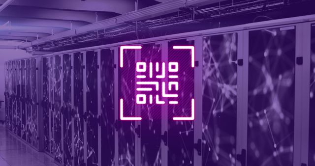 Neon QR Code Overlaying Violet Lit Server Room - Download Free Stock Images Pikwizard.com