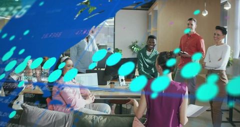 Woman Leading Team Brainstorming in Modern Open Office with Turquoise Overlay