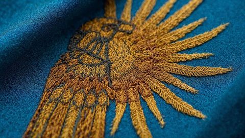 Golden sun embroidery on teal fabric macro closeup showing satin stitch texture