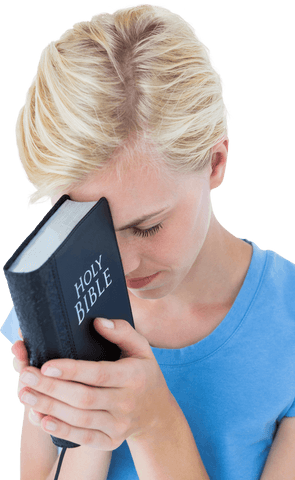 Transparent Woman Holding Bible in Thoughtful Pose