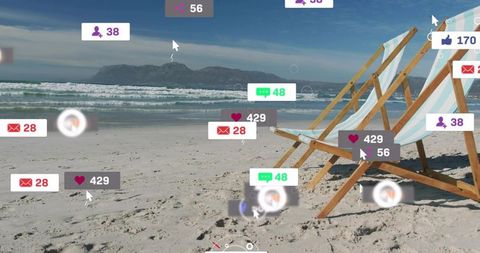 Wooden deck chairs on sandy beach with floating social media notifications and copy space