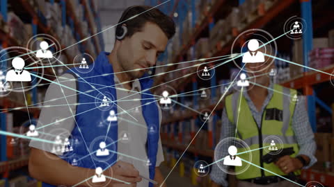 Warehouse Workers Analyzing Digital Connections Network