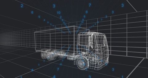 Wireframe cargo truck 3d cad visualization showing numeric depth markers on grid