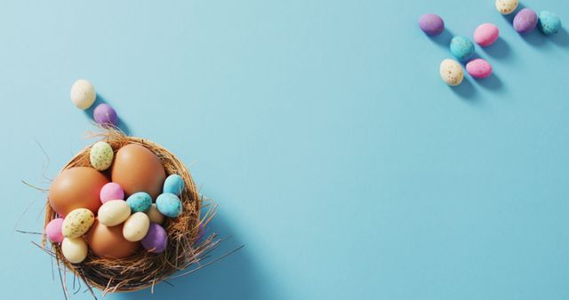 Easter eggs of various colors are resting in a nest, along with brown eggs, creating a festive arrangement on a blue background. Scattered colorful pastel eggs add to the playful and cheerful appearance. This image is ideal for use in Easter-themed projects, holiday greeting cards, festive decorations, promotional materials, and social media posts celebrating the spring season.
