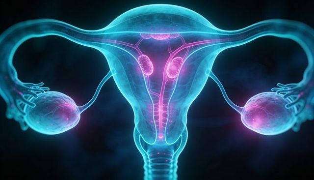 Glowing 3d uterus and ovaries medical illustration showing female reproductive anatomy