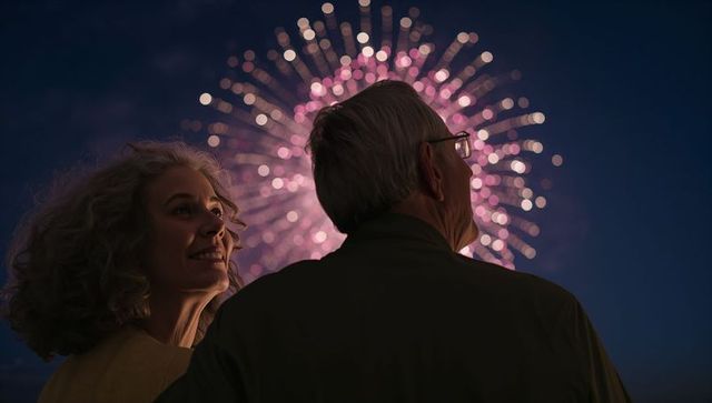 Senior couple watching pink-purple fireworks at night, romantic outdoor celebration