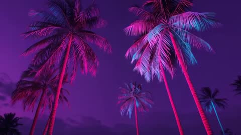 Pulsing Neon Palms Against Dusk Sky in Tropical Paradise