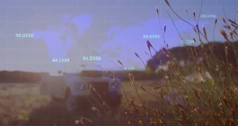 Global Data Mapping Overlay on Wilderness with SUV and Swaying Grass