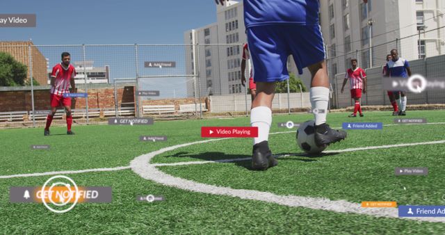 Amateur football players actively participating in a game on an urban sports field, integrated with digital app notifications overlay. Ideal for content related to sports technology, application integration in sports, team-building activities, or urban fitness. Visualizes the collision of traditional outdoor activities with modern technology, suitable for articles, ads, blogs, or presentations discussing the impact of digital advancements on sports.