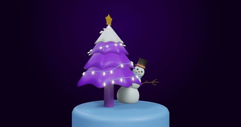 Whimsical Christmas Tree and Snowman on Dark Background