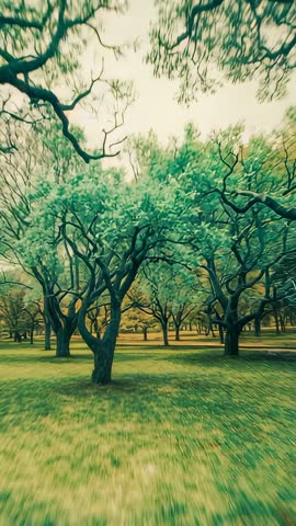 Moving through twisting tree grove vertical video revealing bark detail and canopy