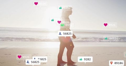 Couple walking on beach at golden hour with social media likes and followers overlay