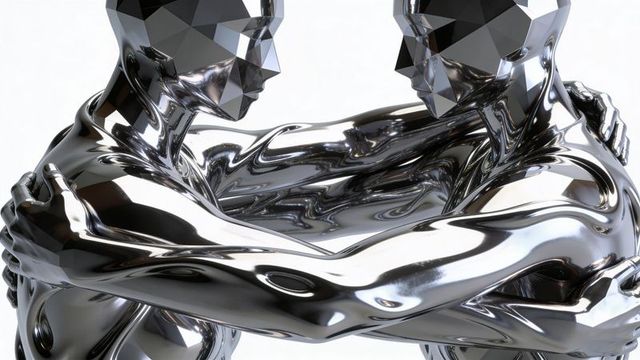 Chromed figures embracing reflective futuristic duo with faceted heads and liquid metal surfaces