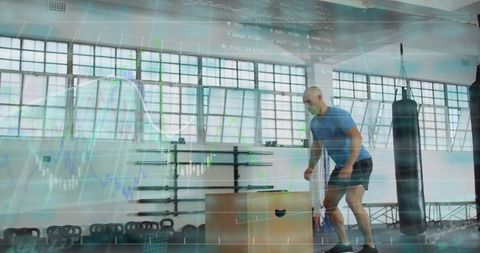 Athlete jumping on plyo box in sunlit industrial gym with superimposed data charts