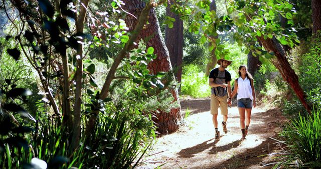 Couple Hiking Through Lush Forest on Sunny Day - Download Free Stock Images Pikwizard.com