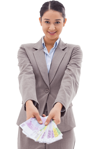 Smiling Businesswoman Holding Euro Banknotes Transparent Background