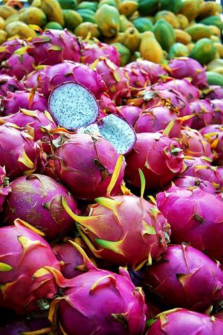 Vibrant dragon fruits with papaya in exotic market