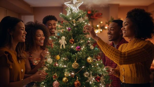 Diverse Friends Decorating Christmas Tree with Holiday Spirit