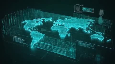 3D Holographic World Map with Digital Data Streams and HUD Interface