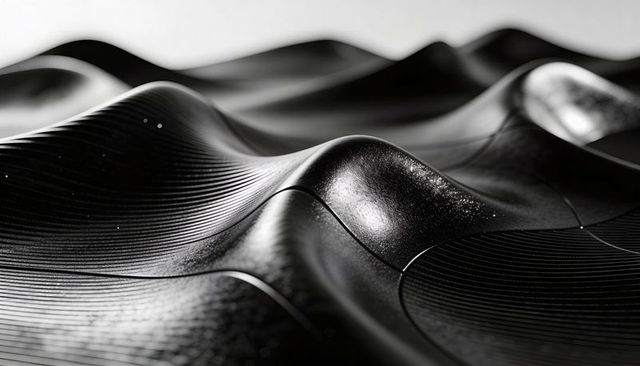 Glossy Black Waveforms Unfolding with Grooved Panels, Seam Lines and Metallic Texture