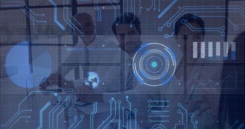 Business team analyzing data on transparent interface