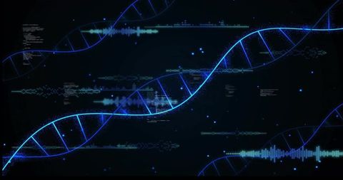 Glowing Blue DNA Helix Weaving Through Holographic Data Streams and Waveform Analytics