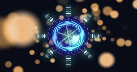 Rotating futuristic hud with radial rings, cyan nodes and soft bokeh light effects