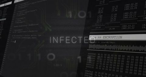 Displaying INFECTED alert over hex dump and encryption panel on cybersecurity dashboard
